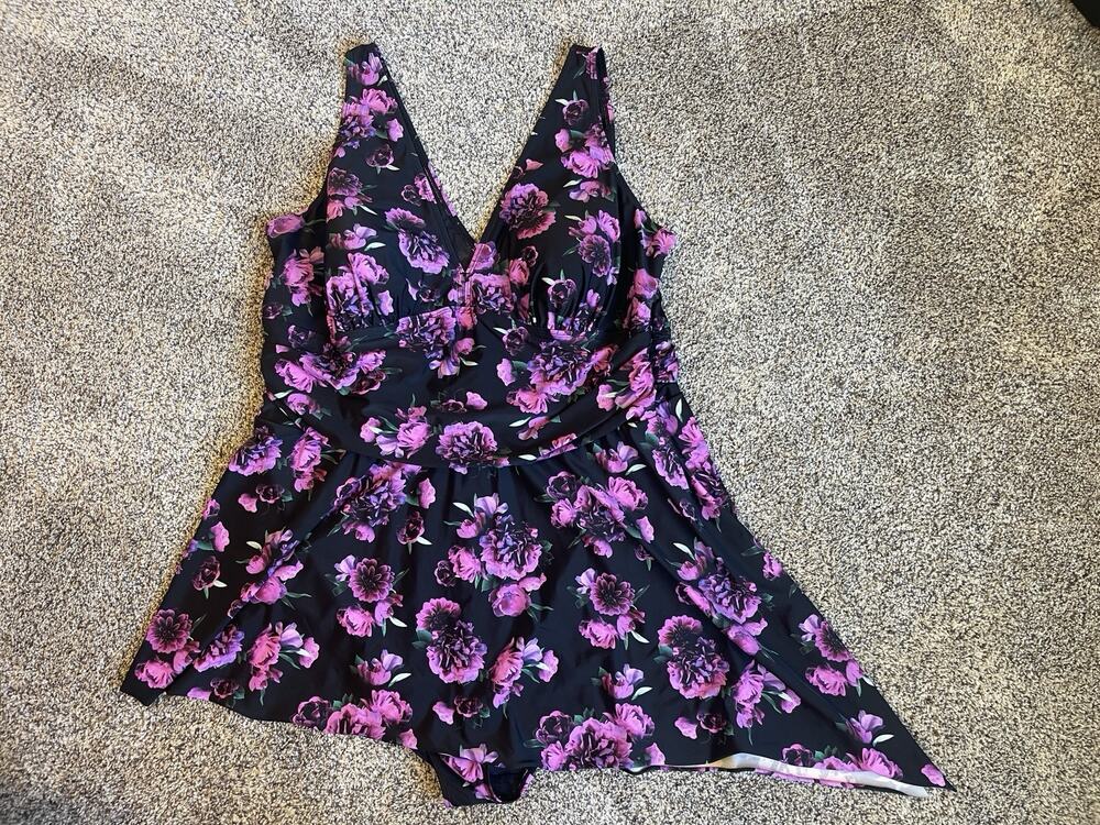 Torrid Women's sz 4X Purple Black Floral Assymetrical One Piece Swim Dress